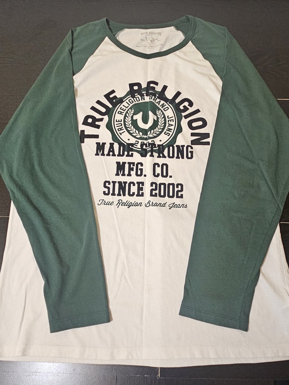 True Religion White Tee with Forest Green Raglan Sleeves